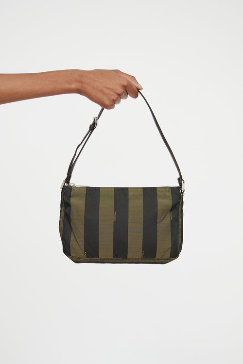 Fendi Brown & Green Pequin Canvas Shoulder Bag