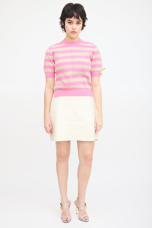 Fendi Pink & Beige Knit Striped Lace Up Top