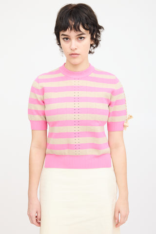 Fendi Pink & Beige Knit Striped Lace Up Top