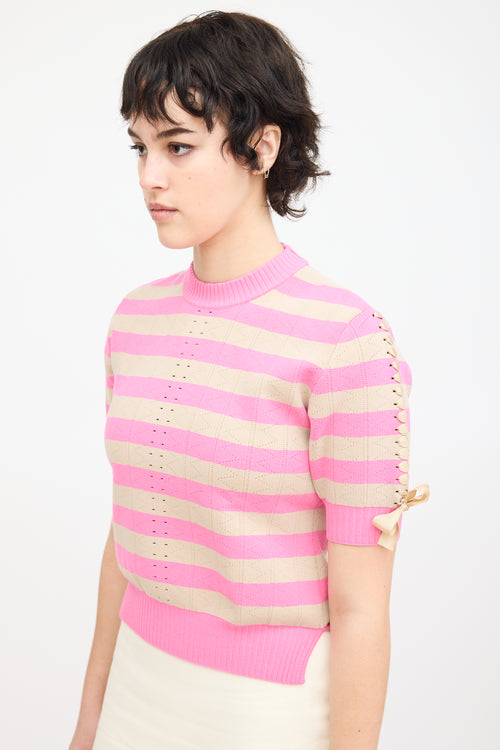 Fendi Pink & Beige Knit Striped Lace Up Top