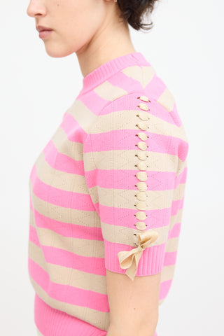 Fendi Pink & Beige Knit Striped Lace Up Top