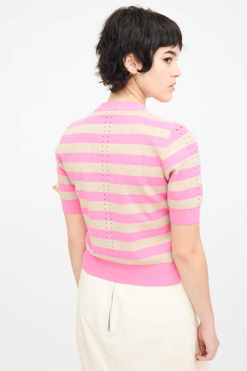 Fendi Pink & Beige Knit Striped Lace Up Top