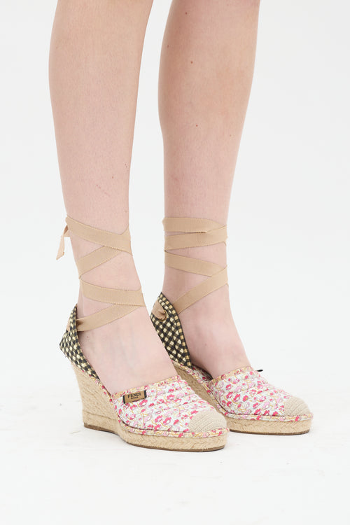 Fendi Pink & Multi Quilted Floral Espadrille Wedge