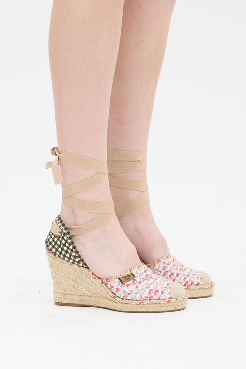 Fendi Pink & Multi Quilted Floral Espadrille Wedge