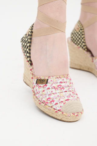 Fendi Pink & Multi Quilted Floral Espadrille Wedge