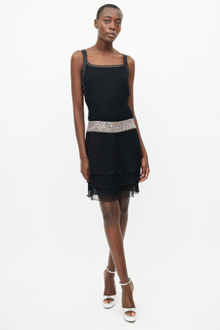 Fendi Vintage Black Silk & Brocade Waist Dress