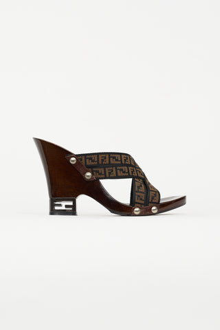 Fendi Vintage Brown Zucca Wooden Heel