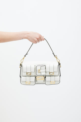 Fendi White & Gold Leather Multipocket Baguette Bag