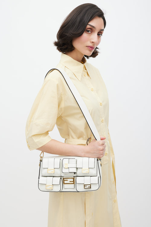 Fendi White & Gold Leather Multipocket Baguette Bag