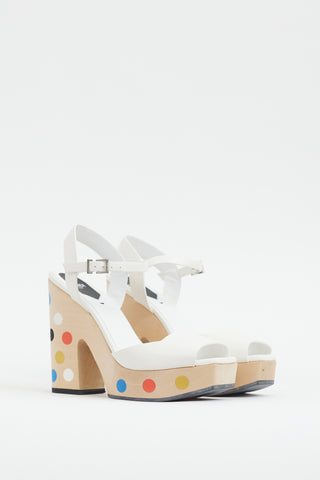 Fendi White & Multi Dots Wooden Platform Sandal