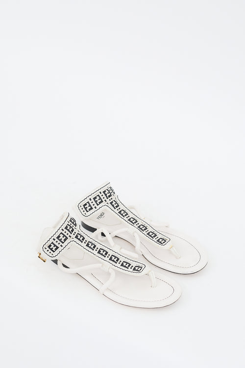 Fendi White & Black Leather Woven FF Strap Sandal