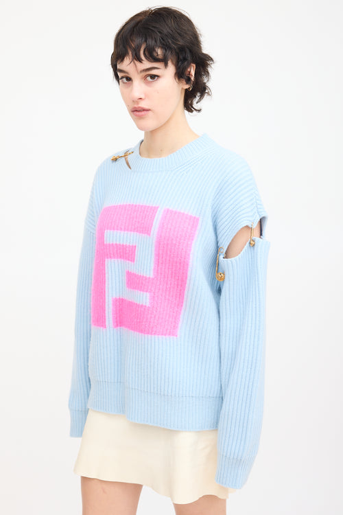 Fendi X Versace Light Blue Cashmere Logo Sweater