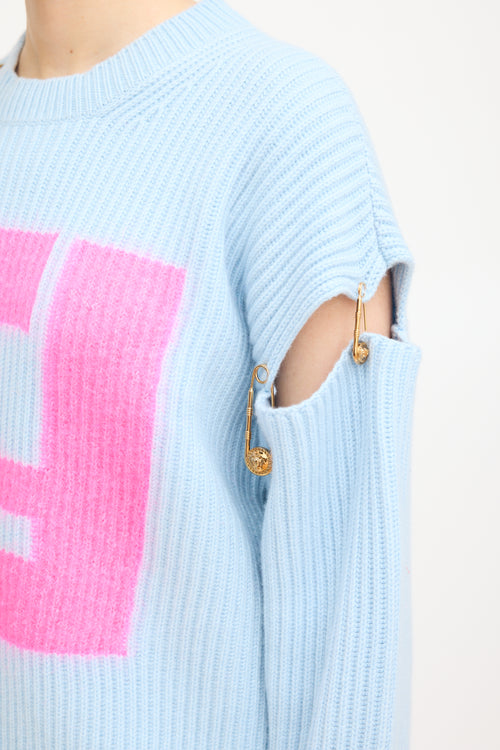 Fendi X Versace Light Blue Cashmere Logo Sweater