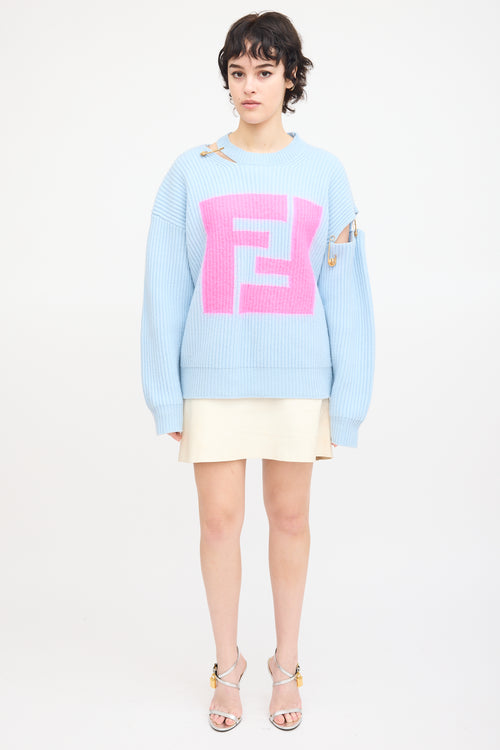 Fendi X Versace Light Blue Cashmere Logo Sweater