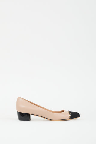 Ferragamo Beige & Black Leather Embellished Cap Pump