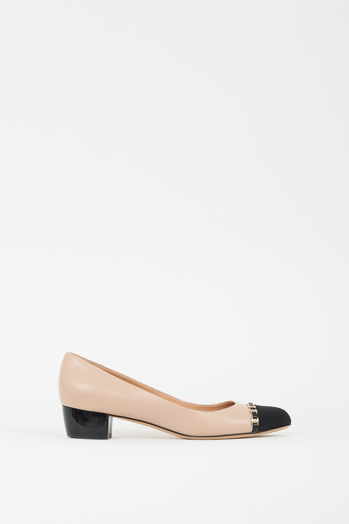 Ferragamo Beige & Black Leather Embellished Cap Pump