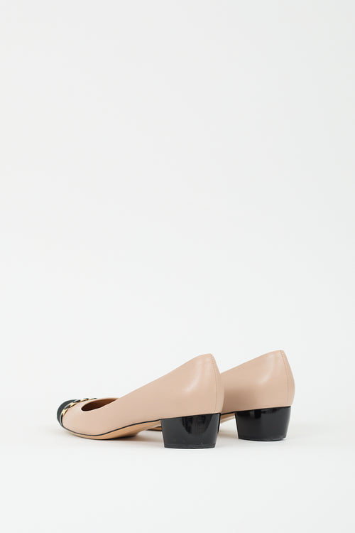 Ferragamo Beige & Black Leather Embellished Cap Pump