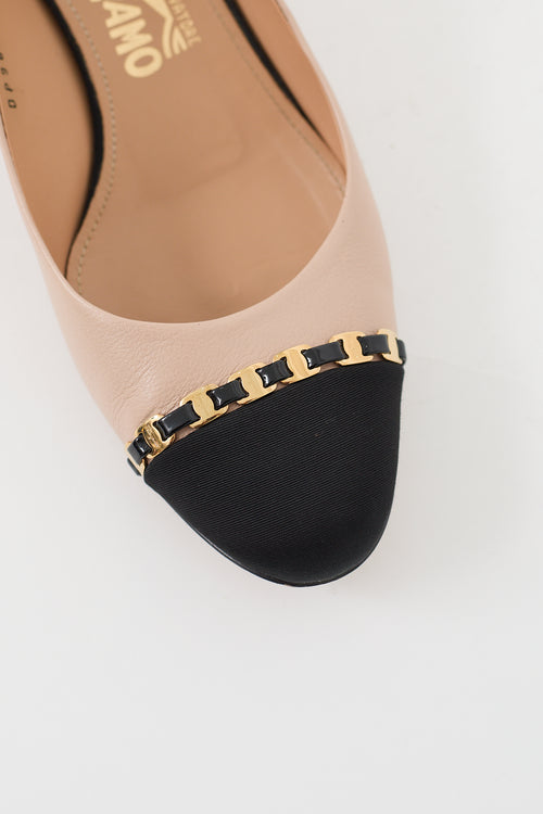 Ferragamo Beige & Black Leather Embellished Cap Pump