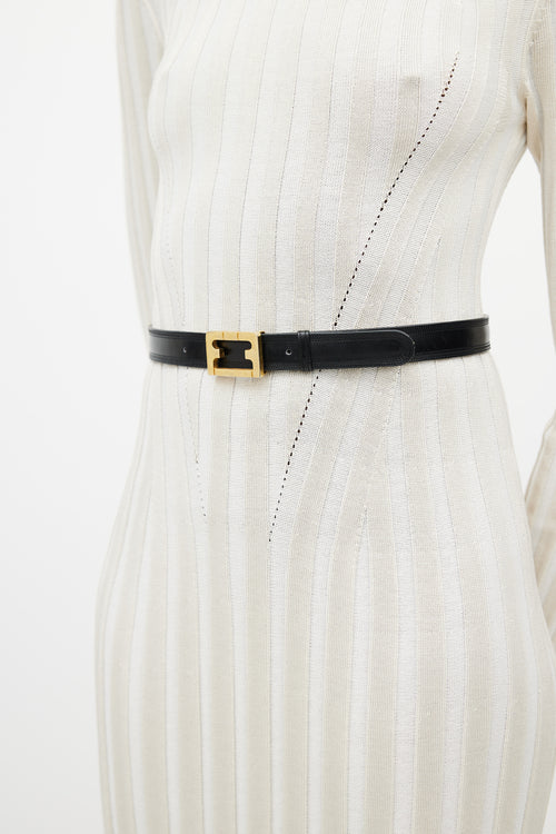 Ferragamo Black & Gold Leather F Belt