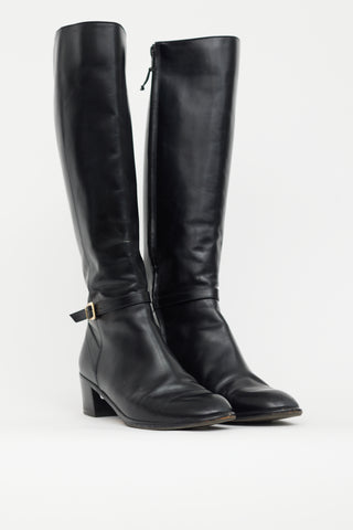 Ferragamo Black Leather Ankle Buckle Heeled Boot