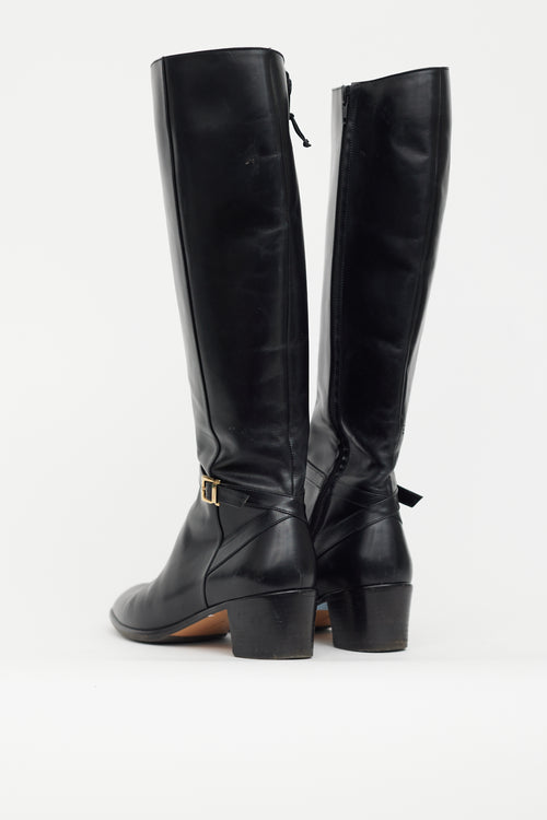 Ferragamo Black Leather Ankle Buckle Heeled Boot