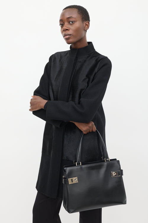 Ferragamo Black Leather Gancio Tote