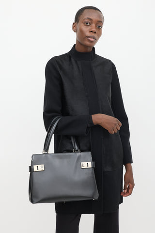 Ferragamo Black Leather Gancio Tote