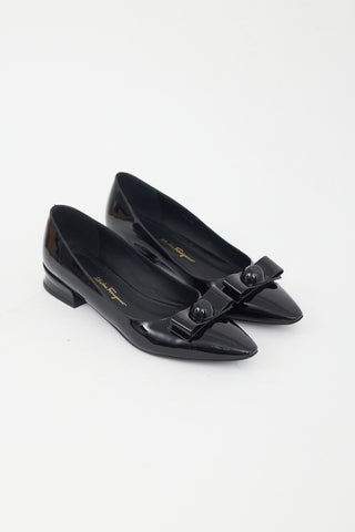 Ferragamo Black Patent Leather Pointed Toe Bow Flat