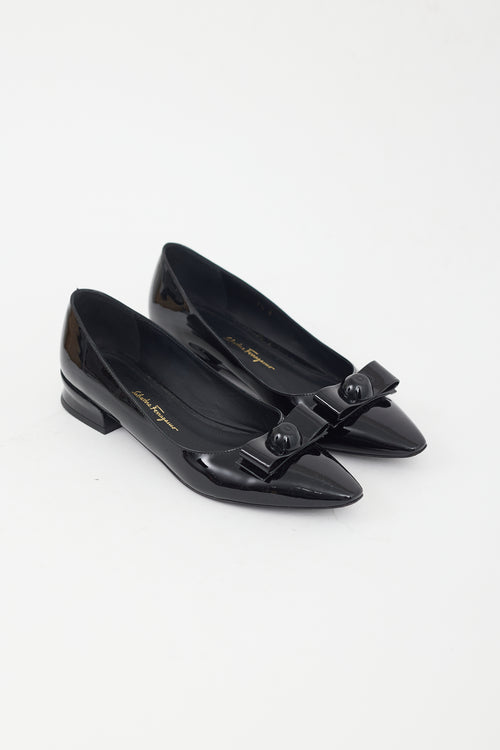Ferragamo Black Patent Leather Pointed Toe Bow Flat