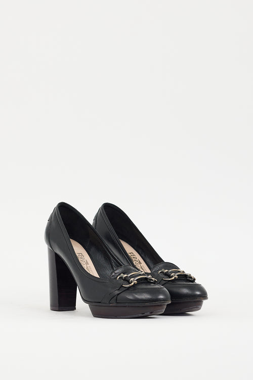 Ferragamo Black Leather Gancini Buckle Pump