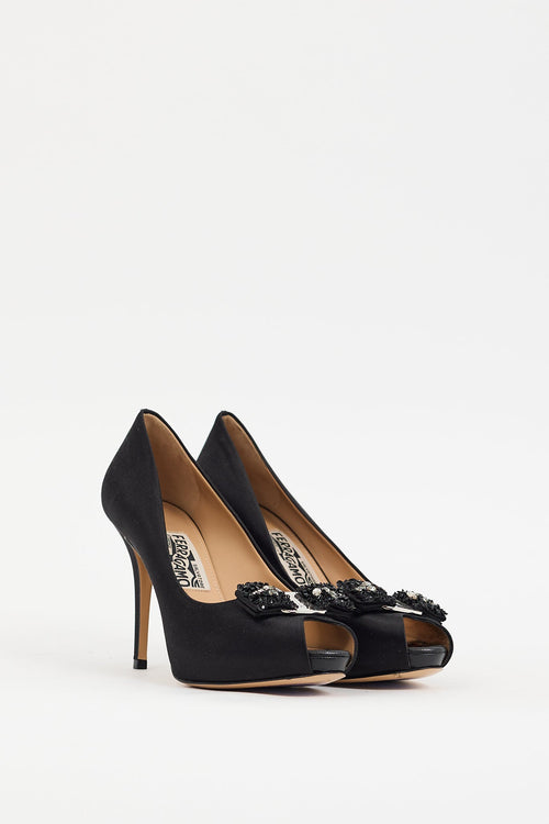 Ferragamo Black Satin Embellished Vara Bow Pump