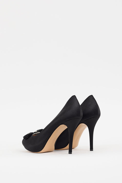 Ferragamo Black Satin Embellished Vara Bow Pump