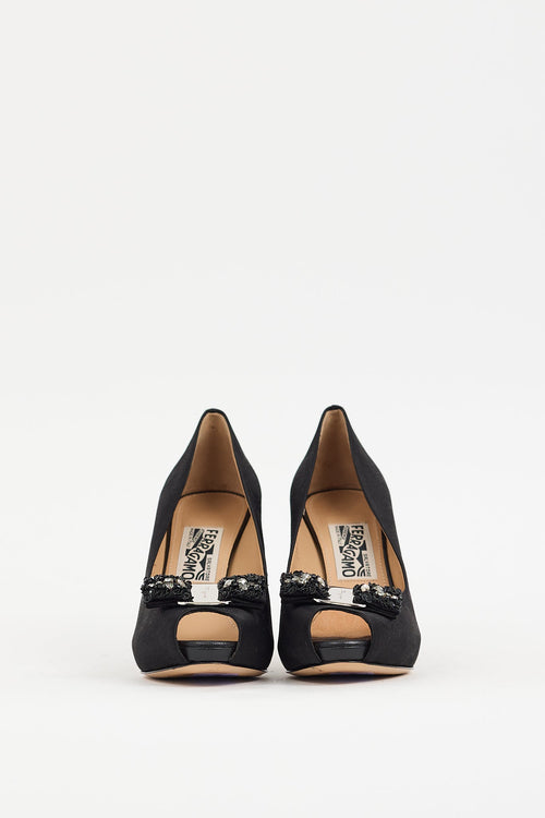 Ferragamo Black Satin Embellished Vara Bow Pump