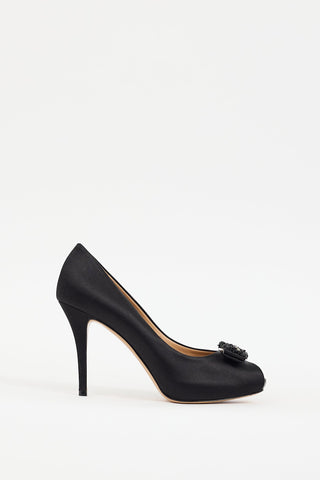 Ferragamo Black Satin Embellished Vara Bow Pump