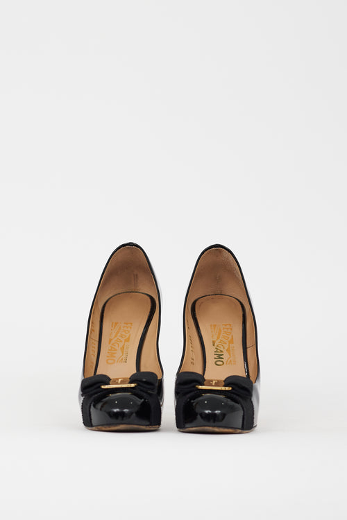 Ferragamo Black & Gold Patent Leather Vara Bow Heel
