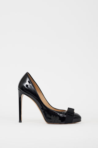 Ferragamo Black & Gold Patent Leather Vara Bow Heel