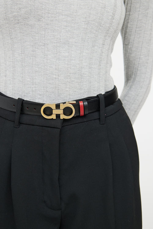 Ferragamo Black & Red Leather Reversible Gancini Belt