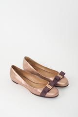 Ferragamo Bronze Leather Vara Bow Flat
