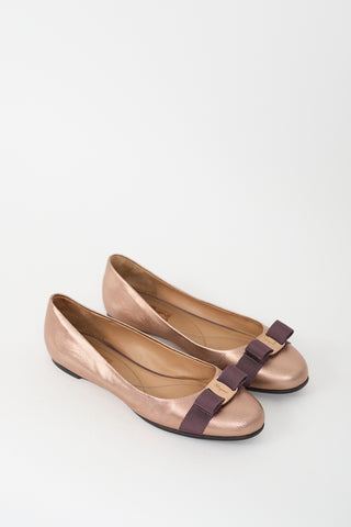 Ferragamo Bronze Leather Vara Bow Flat