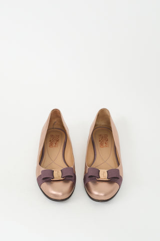 Ferragamo Bronze Leather Vara Bow Flat