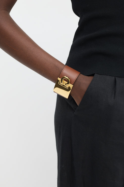 Ferragamo Brown & Gold Gancio Wide Cuff Bracelet