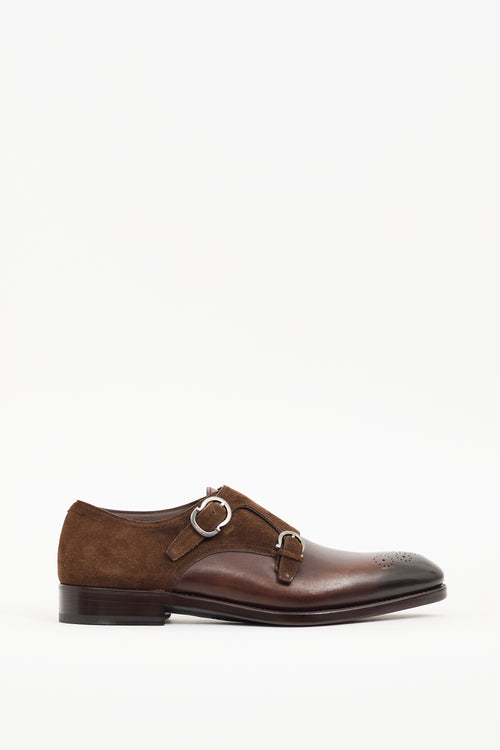 Ferragamo Brown Leather & Suede Monk Strap Loafer