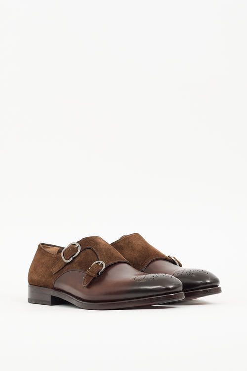 Ferragamo Brown Leather & Suede Monk Strap Loafer