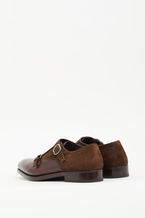 Ferragamo Brown Leather & Suede Monk Strap Loafer