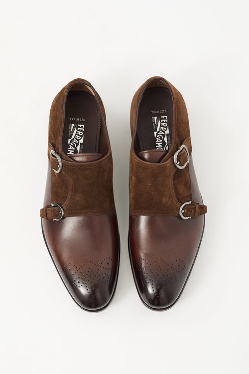 Ferragamo Brown Leather & Suede Monk Strap Loafer