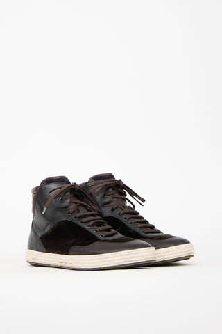 Ferragamo Brown Leather & Velvet High Sneaker