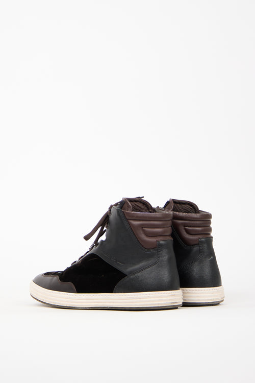 Ferragamo Brown Leather & Velvet High Sneaker