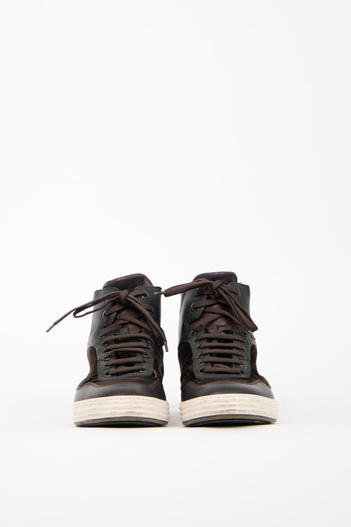 Ferragamo Brown Leather & Velvet High Sneaker