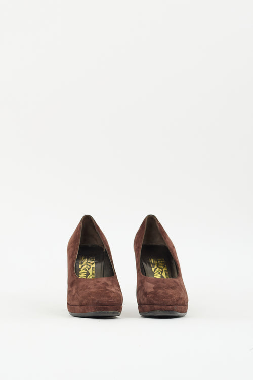 Ferragamo Brown Suede Curved Heel Pump