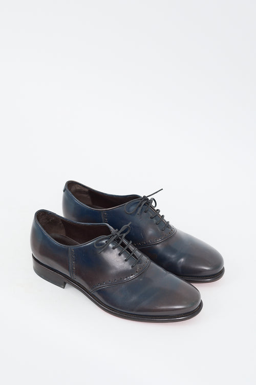 Ferragamo Navy & Brown Leather Perforated Lace Up Oxford